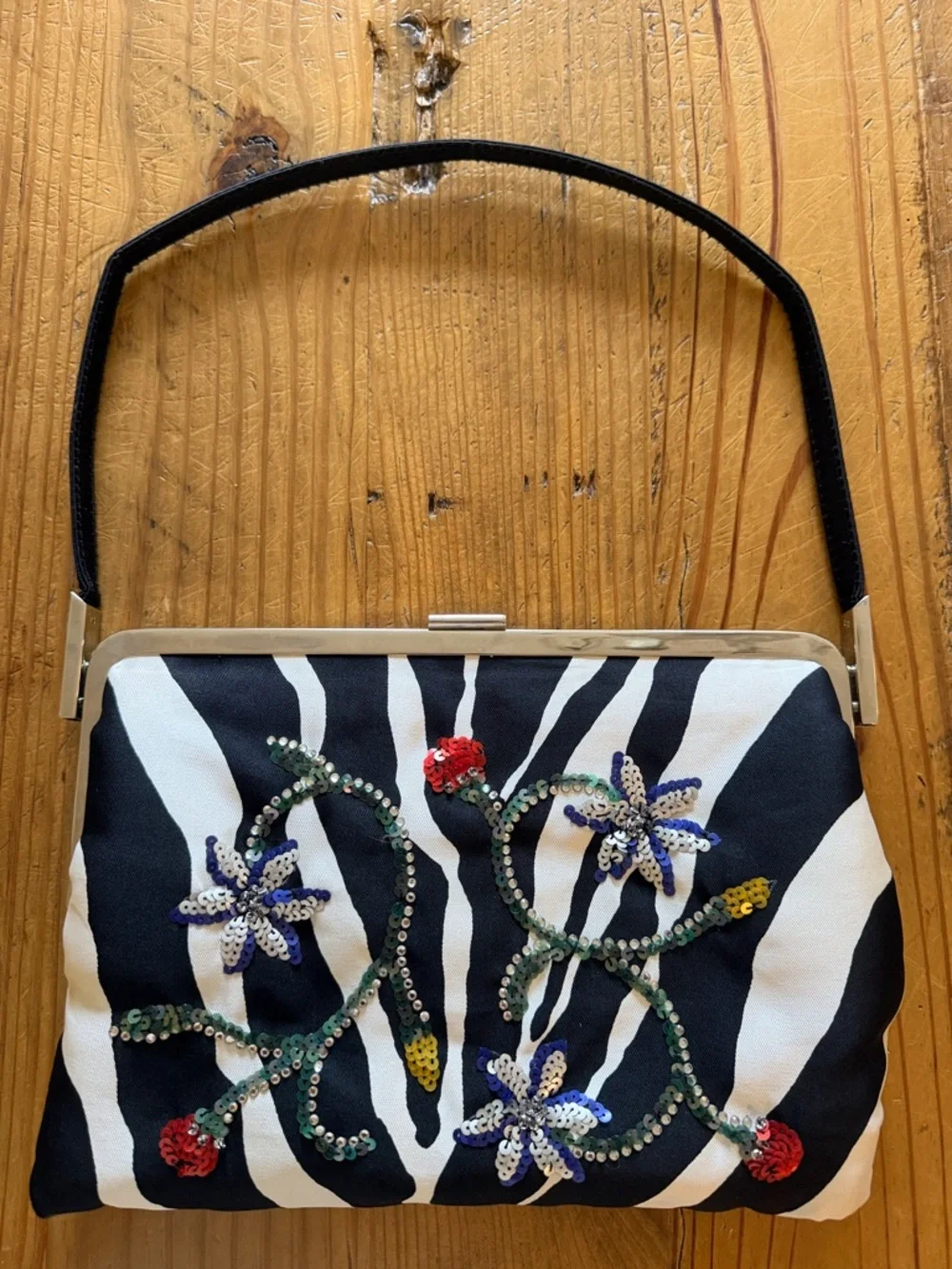 Dolce & Gabbana Black and White Zebra Sequin Floral Shoulder Bag